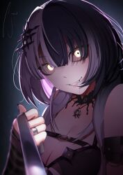 Rule 34 | 1girl, absurdres, black hair, black nails, breasts, cleavage, crazy eyes, crazy smile, glowing, glowing eyes, highres, holding, holding leash, hololive, hololive english, jamwes, jewelry, large breasts, leash, lips, multicolored hair, portrait, ring, shiori novella, shiori novella (1st costume), smile, solo, virtual youtuber, white hair, yellow eyes