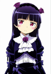 1girl ascot black_hair black_hairband black_jacket black_skirt blush bow collar flower frilled_collar frilled_jacket frilled_shirt frills gokou_ruri hair_flower hair_ornament hairband head_tilt highres hime_cut jacket long_hair mole mole_under_eye ore_no_imouto_ga_konna_ni_kawaii_wake_ga_nai purple_bow red_eyes rose shirt skirt upper_body user_gtuf5834 white_ascot white_background white_collar white_shirt