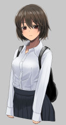 Rule 34 | 1girl, arms at sides, backpack, bag, breasts, brown eyes, brown hair, buttons, closed mouth, collared shirt, cropped legs, expressionless, grey background, highres, original, shirt, shirt tucked in, short hair, simple background, skirt, sleeves past wrists, small breasts, solo, tonari no kishida, white shirt