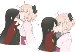 Rule 34 | !?, 2girls, ahoge, arrow (symbol), bad id, bad twitter id, black hair, blonde hair, commentary request, fate (series), kissing forehead, from side, gloves, grey eyes, grey gloves, heart, highres, kiss, kissing forehead, koha-ace, long hair, long sleeves, multiple girls, multiple views, no headwear, no headwear, oda nobunaga (fate), oda nobunaga (koha-ace), okita souji (fate), okita souji (koha-ace), red eyes, short hair, smile, upper body, white background, yumpnt, yuri