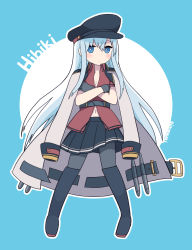 Rule 34 | 1girl, belt, black belt, black footwear, black gloves, black hat, black skirt, blue eyes, blush, boots, breasts, character name, cleavage, coat, commentary, cosplay, crossed arms, full body, gangut (kancolle), gangut (kancolle) (cosplay), gloves, grey pantyhose, hat, hibiki (kancolle), highres, jacket, jacket on shoulders, kantai collection, long hair, pantyhose, pleated skirt, red shirt, shirt, short sleeves, signature, silver hair, simoyuki, simple background, skirt, solo, two-tone background
