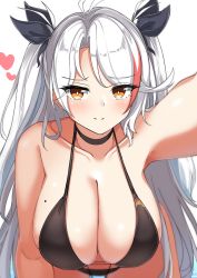 Rule 34 | absurdres, antenna hair, azur lane, bare shoulders, bent over, bikini, black bikini, black choker, black ribbon, blush, breasts, brown hair, choker, cleavage, closed mouth, collarbone, commentary request, cowboy shot, hair ribbon, hanging breasts, heart, highres, large breasts, long hair, looking at viewer, mole, mole on breast, moyoron, multicolored hair, parted bangs, prinz eugen (azur lane), prinz eugen (unfading smile) (azur lane), reaching, reaching towards viewer, red hair, ribbon, selfie, simple background, smile, solo, streaked hair, swimsuit, two side up, very long hair, white background, white hair
