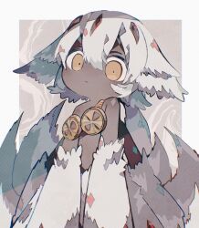 Rule 34 | 1girl, body fur, closed mouth, dark-skinned female, dark skin, extra arms, extra tails, faputa, fur, goggles, goggles around neck, grey hair, hair between eyes, highres, looking at viewer, made in abyss, monster girl, multicolored hair, orange eyes, short hair, simple background, solo, soresaki, tail, white fur, white hair