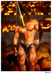 Rule 34 | 1boy, abs, absurdres, bara, briefs, bulge, feet out of frame, halloween, halloween costume, helmet, highres, jack-o&#039;-lantern, large pectorals, male focus, male pubic hair, male underwear, muscular, navel, navel hair, nipples, pectorals, pubic hair, pumpkin, pyramid head, qaisan, realistic, silent hill (series), silent hill 2, solo, sparkle, standing, thick thighs, thighs, underwear, underwear only