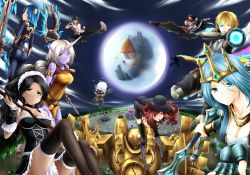 Rule 34 | 5boys, 6+girls, alternate costume, aqua eyes, arm cannon, armlet, armor, ashe (league of legends), ass, bare shoulders, bent over, black hair, black legwear, blade, blitzcrank, blonde hair, blue hair, blush, boots, breasts, brown hair, cape, cigar, cleavage, cloud, colored skin, enmaided, closed eyes, ezreal, fedora, fingerless gloves, french maid nidalee, frills, frostblade irelia, full moon, garter straps, gauntlets, gloves, green eyes, hair ornament, hat, highres, hooves, horns, irelia, jewelry, kicking, league of legends, lee sin, long hair, crime city miss fortune, maid, maid headdress, makishima rin, miss fortune (league of legends), moon, multiple boys, multiple girls, muscular, necklace, nidalee, open mouth, pants, pointy ears, ponytail, purple skin, rainbow, red eyes, red hair, robot, scarf, short hair, singed, single horn, skin tight, smile, smoking, soraka (league of legends), staff, sunglasses, talon (league of legends), teemo, thighhighs, thumbs up, tristana, visor, weapon, white hair, wrist cuffs, yellow eyes, yordle
