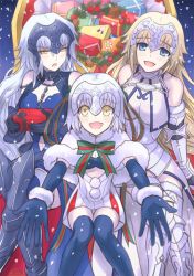 Rule 34 | 3girls, armor, armored dress, bag, black gloves, blonde hair, blue eyes, blush, breasts, capelet, cleavage, dual persona, fate/grand order, fate (series), fur trim, gloves, headpiece, jeanne d&#039;arc (fate), jeanne d&#039;arc (ruler) (fate), jeanne d&#039;arc (third ascension) (fate), jeanne d&#039;arc alter (avenger) (fate), jeanne d&#039;arc alter (avenger) (third ascension) (fate), jeanne d&#039;arc alter (fate), jeanne d&#039;arc alter santa lily (fate), large breasts, long hair, looking at viewer, multiple girls, multiple persona, navel, sanada (teketo), short hair, silver hair, small breasts, smile, thighhighs, very long hair, yellow eyes