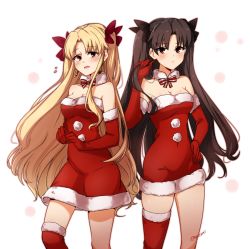 Rule 34 | 2girls, absurdres, ayanobro, blonde hair, blush, bow, brown hair, elbow gloves, ereshkigal (fate), fate/grand order, fate (series), gloves, highres, ishtar (fate), long hair, multiple girls, red eyes, santa costume, siblings, simple background, sisters, thighhighs, white background
