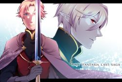 Rule 34 | 2boys, blonde hair, blue background, blue eyes, brown gloves, cape, copyright name, erebas the demon king, ethan the exiled hero, facial hair, gloves, gradient background, holding, holding sword, holding weapon, long sleeves, looking at viewer, male focus, multiple boys, pink cape, pixiv fantasia, pixiv fantasia last saga, pointy ears, red eyes, red vest, riltuka1, serious, simple background, stubble, sword, upper body, vest, weapon, white background
