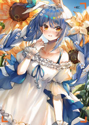 Rule 34 | 1girl, absurdres, alternate costume, animal ear fluff, bare shoulders, blue hair, blue ribbon, blush, bra strap, braid, collarbone, commentary request, cowboy shot, dress, flower, frilled dress, frills, hair flower, hair ornament, highres, hololive, long hair, long sleeves, looking at viewer, nose blush, off-shoulder dress, off shoulder, orange eyes, parted lips, pom pom (clothes), ribbon, ryuuji teitoku, solo, sunflower, thick eyebrows, twin braids, usada pekora, very long hair, viewfinder, virtual youtuber, white dress, white flower, white hair, wide sleeves, yellow flower