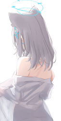 Rule 34 | 1girl, animal ears, back, back focus, bare shoulders, blue archive, earrings, from behind, grey hair, hair ornament, halo, highres, jewelry, liu liu, shiroko (blue archive), shirt, short hair, simple background, solo, undressing, white background, white shirt, x hair ornament