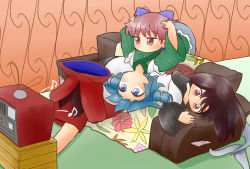Rule 34 | 3girls, blue eyes, blue hair, bow, brown hair, cape, commentary request, couch, crate, disembodied head, dress, drill hair, eighth note, expressionless, floral print, grass root youkai network, green kimono, hair bow, hands in hair, head on chest, imaizumi kagerou, indoors, japanese clothes, kimono, layered dress, long hair, lying, lying on person, mermaid, monster girl, multiple girls, musical note, on back, on couch, on floor, on side, outstretched legs, red cape, red eyes, red hair, red skirt, sekibanki, short hair, sitting, skirt, television, touhou, twin drills, upside-down, very long hair, wakasagihime, watching television, yukimuro