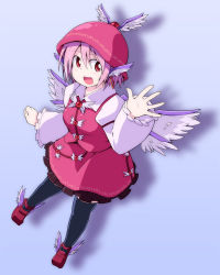 Rule 34 | 1girl, :d, animal ears, female focus, frilled skirt, frilled sleeves, frills, full body, gradient background, hat, koukai, long sleeves, mystia lorelei, open mouth, pink eyes, pink hair, shadow, shoes, short hair, simple background, skirt, skirt set, smile, solo, thighhighs, touhou, winged footwear, wings