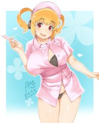 Rule 34 | 1girl, bad id, bad twitter id, blonde hair, blush, bra, breasts, hat, headphones, huge breasts, large breasts, looking at viewer, nitroplus, nurse, nurse cap, open clothes, open mouth, panties, plump, rkrk, short hair, smile, solo, super pochaco, syringe, twintails, unbuttoned, underwear