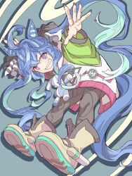 Rule 34 | 1girl, @ @, ahoge, animal ears, aqua background, aqua hair, bad id, bad pixiv id, bd96 (sh28976778), black leggings, black nails, blue hair, boots, bow, crossed bangs, fingernails, floating, full body, grin, hair bow, heterochromia, highres, hood, hoodie, horse ears, horse girl, horse tail, inactive account, leaning forward, leggings, long fingernails, long hair, long sleeves, looking at viewer, multicolored clothes, multicolored hair, multicolored hoodie, nail polish, open hand, outstretched arms, pink eyes, purple eyes, sharp teeth, sidelocks, smile, solo, striped, striped bow, stuffed animal, stuffed rabbit, stuffed toy, tail, teeth, twin turbo (umamusume), twintails, two-tone hair, umamusume, yellow footwear