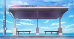 Rule 34 | absurdres, bench, blue sky, bus stop, cloud, color creation, commentary request, day, highres, no humans, ocean, original, outdoors, scenery, sky, utility pole