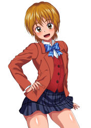 Rule 34 | 1girl, blazer, blue bow, blue bowtie, blue skirt, bow, bowtie, brown eyes, brown hair, commentary request, cowboy shot, dress shirt, futari wa precure, hand on own hip, highres, jacket, looking at viewer, maki ikazuya, miniskirt, misumi nagisa, open mouth, partial commentary, plaid, plaid skirt, pleated skirt, precure, red jacket, red vest, school uniform, shirt, short hair, skirt, smile, solo, standing, verone gakuin school uniform, vest, white background, white shirt, wing collar