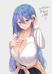 Rule 34 | 1girl, :p, alyssa (specktech), black skirt, blue eyes, blue hair, blue nails, breasts, cleavage, collarbone, collared shirt, commission, gyaru, hair between eyes, hair down, hand on own chest, hand up, highres, large breasts, long hair, nail polish, original, partially unbuttoned, school uniform, schreibe shura, second-party source, shirt, simple background, skeb commission, skirt, solo, thank you, tongue, tongue out, white background, white shirt