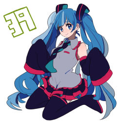Rule 34 | 1girl, 39, blue eyes, blue hair, boots, detached sleeves, hatsune miku, long hair, matching hair/eyes, necktie, rina, rina (toymicazm), simple background, sitting, skirt, sleeves past wrists, smile, solo, thigh boots, thighhighs, twintails, very long hair, vocaloid, wariza, white background