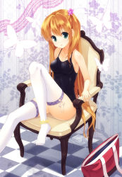 Rule 34 | 1girl, :o, bag, blonde hair, blush, bug, butterfly, chair, checkered floor, feet, floor, flower, green eyes, hair flower, hair ornament, insect, leg up, legs, long hair, looking at viewer, no shoes, one-piece swimsuit, open mouth, orange hair, original, school swimsuit, school uniform, senji (tegone spike), sitting, solo, swimsuit, thighhighs, thighs, very long hair, white thighhighs