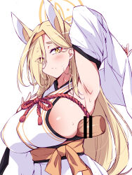 Rule 34 | 1girl, animal ears, areola slip, armpits, bar censor, blonde hair, blue archive, blush, breasts, censored, closed mouth, detached sleeves, disembodied penis, eyeliner, eyes visible through hair, hair over one eye, hairband, halo, handsfree paizuri, japanese clothes, kaho (blue archive), kimono, large breasts, long hair, looking at viewer, makeup, orange hairband, paizuri, penis, penis to breast, penis under another&#039;s clothes, simple background, solo focus, suterii, sweat, white background, white kimono, white sleeves, wide sleeves, yellow eyes