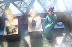 1girl :d day flower folded_fan folding_fan game_cg green_eyes green_kimono green_tea grey_sash hair_ornament hand_fan hasu_no_sora_karuta_(love_live!) highres indoors japanese_clothes kanzashi kikkoumon kimono lantern lily_(flower) link!_like!_love_live! long_hair long_sleeves looking_at_object love_live! official_art open_mouth otomune_kozue ponytail purple_hair sidelocks sitting smile solo tabi tea third-party_source virtual_youtuber wide_shot wide_sleeves window window_shadow