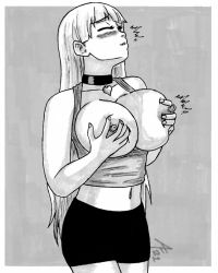 Rule 34 | blunt bangs, blush, breast hold, breast lift, breasts, breasts out, breasts squeezed together, choker, closed eyes, grabbing, grabbing another&#039;s breast, grabbing own breast, heart, heart necklace, highres, huge breasts, jewelry, large breasts, lina (michihasu), long hair, masturbation, monochrome, necklace, nipple stimulation, nipple tweak, nipples, orgasm, short shorts, shorts, tank top, very long hair, xxxhibiki