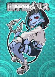 Rule 34 | 1girl, alternate skin color, aqua background, black hair, black shorts, blue background, blue hair, blue skin, broken horn, colored skin, commentary request, demon girl, demon horns, demon tail, fang, flat chest, full body, grey choker, grey horns, hand on own cheek, hand on own face, heebee, highres, horns, long sleeves, looking at viewer, medium hair, midriff, multicolored hair, nanashi inc., navel, official alternate costume, open mouth, outline, pointy ears, red eyes, shishio chris, shishio chris (2nd costume), shoes, shorts, smile, sneakers, solo, sugar lyric, sweater, tail, two-tone hair, virtual youtuber, white footwear, white outline, white sweater