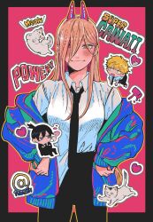 Rule 34 | 1girl, 2boys, black footwear, black hair, black jacket, black necktie, black pants, blonde hair, blue jacket, brown hair, chainsaw man, chibi, chibi inset, cigarette, collared shirt, cross-shaped pupils, crossed arms, denji (chainsaw man), formal, hair over one eye, hands on own hips, hayakawa aki, heart, highres, horns, jacket, jacket partially removed, long hair, looking at viewer, meowy (chainsaw man), mini person, miniboy, multiple boys, necktie, off shoulder, outline, pants, pink background, power (chainsaw man), red horns, shirt, shirt partially tucked in, shirt tucked in, short hair, sleeves rolled up, smile, smoke, smoking, suit, suit jacket, symbol-shaped pupils, topknot, tsuke (task), white outline, white shirt, yellow eyes