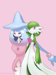 Rule 34 | 2girls, arms at sides, artist name, black sclera, blue hair, blue headwear, bob cut, closed mouth, colored sclera, colored skin, creatures (company), female focus, flat chest, game freak, gardevoir, gen 3 pokemon, gen 8 pokemon, gradient hair, green hair, green skin, hair over one eye, happy, hat, hatterene, highres, hinata kanata, long hair, looking at another, looking at viewer, looking to the side, multicolored hair, multicolored skin, multiple girls, nintendo, one eye covered, open mouth, pink background, pink hair, pokemon, pokemon (creature), red eyes, short hair, sidelocks, simple background, smile, split mouth, standing, twitter username, two-tone hair, two-tone skin, very long hair, watermark, white eyes, white skin, witch hat