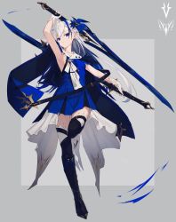 Rule 34 | 1girl, arm up, armpits, blue dress, blue eyes, blue hair, boots, border, braid, braided bangs, dress, dual wielding, earrings, gloves, grey background, hair between eyes, highres, holding, holding sword, holding weapon, jewelry, leg up, long hair, looking at viewer, multicolored hair, nagishiro mito, original, showgirl skirt, simple background, sleeveless, sleeveless dress, solo, streaked hair, swept bangs, sword, thigh boots, thighhighs, two-tone hair, weapon, white gloves, white hair, zettai ryouiki