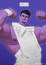 Rule 34 | 1boy, absurdres, bara, colored skin, double biceps pose, dr. mundo, facing viewer, flexing, highres, juhachiii, large pectorals, league of legends, male focus, muscular, muscular male, nipples, no pupils, pectorals, purple skin, saliva, short hair, sidepec, solo, thick eyebrows, tongue, tongue out, upper body