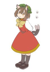 Rule 34 | 1girl, :3, animal ear fluff, animal ears, arms behind back, bow, bowtie, brown eyes, brown hair, cat ears, cat tail, chen, citrus (place), dress, earrings, full body, gold trim, hat, highres, jewelry, leaning forward, looking at viewer, mob cap, multiple tails, nekomata, paw print, red dress, short hair, single earring, solo, standing, tail, touhou, two tails, yellow bow, yellow bowtie