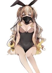 Rule 34 | 1girl, absurdres, airani iofifteen (artist), animal ears, anya melfissa, black leotard, blonde hair, breasts, brown hair, covered navel, fake animal ears, gradient hair, highres, hololive, hololive indonesia, leotard, long hair, looking at viewer, male playboy bunny, mask, medium breasts, mouth mask, multicolored hair, playboy bunny, purple eyes, sitting, solo, two side up, very long hair, virtual youtuber, white background