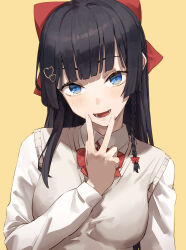 Rule 34 | 1girl, black hair, blue eyes, blunt bangs, bow, braid, brown sweater vest, collared shirt, hair bow, highres, long hair, red bow, shirayuki hina, shirt, side braid, simple background, solo, stellive, sweater vest, tesin (7aehyun), v, v over mouth, virtual youtuber, white shirt, yellow background