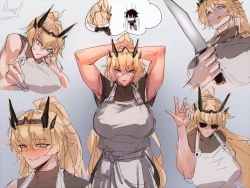 Rule 34 | 1boy, 1girl, apron, armpits, arms behind head, arms up, biceps, black hair, black shirt, blonde hair, blue eyes, blush, breasts, brown shirt, chibi, barghest (fate), fate/grand order, fate (series), fujimaru ritsuka (male), green eyes, hair between eyes, highres, horns, knife, large breasts, long hair, looking at viewer, meme, multiple views, muscular, muscular female, obazzotto, ponytail, salt bae (meme), shaded face, shirt, short hair, sketch, sleeveless, sleeveless shirt, smile, sunglasses, thought bubble, toned, tying hair, white apron
