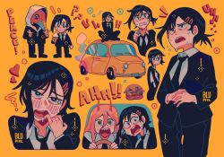 Rule 34 | !, !!, 1boy, ?, ??, artist name, black footwear, black hair, black jacket, black necktie, black pants, blupixl, blush, burger, business suit, car, chainsaw man, chibi, crying, crying with eyes open, driving, drooling, english text, food, formal, hair ornament, hairclip, hands on lap, happy, head tilt, heart, higashiyama kobeni, highres, holding, holding food, holding ice cream, hood, hood up, ice cream, indian style, jacket, looking at viewer, mask, motor vehicle, necktie, nervous, on vehicle, open mouth, own hands together, pants, plague doctor mask, power (chainsaw man), sad, scared, sharp teeth, short hair, simple background, sitting, smoke, steering wheel, suit, tears, teeth, v, violence fiend (chainsaw man), yellow background