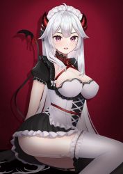 Rule 34 | 1girl, :d, absurdres, ahoge, black thighhighs, breasts, cleavage, commentary, demon girl, demon horns, demon tail, dress, fang, garter straps, gloves, highres, horns, large breasts, long hair, looking at viewer, maid headdress, open mouth, pointy ears, puffy short sleeves, puffy sleeves, purple eyes, red background, short sleeves, simple background, sitting, smile, solo, symbol-only commentary, tail, thighhighs, thighs, tomashiki, vei (vtuber), vei (vtuber) (4th costume), very long hair, virtual youtuber, vshojo, white hair, white thighhighs, yokozuwari