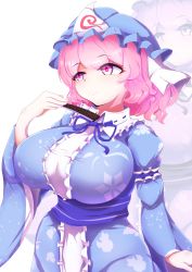 Rule 34 | 1girl, breasts, cowboy shot, dollyspica, folding fan, hand fan, hat, highres, huge breasts, japanese clothes, kimono, long sleeves, looking to the side, mob cap, pink eyes, pink hair, saigyouji yuyuko, sash, short hair, smile, solo, touhou, triangular headpiece, wide sleeves, zoom layer