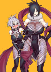 Rule 34 | 2girls, ayakashi triangle, black hair, blush, bodysuit, breasts, choker, commentary request, curvy, detached sleeves, embarrassed, eyelashes, fingerless gloves, fishnet bodysuit, fishnets, fur, fur choker, fur trim, genderswap, genderswap (mtf), gloves, hair ornament, highres, kazamaki matoi, kazamaki matsuri, kazamaki matsuri (female), kouji (kari), large breasts, long hair, mature female, mother and daughter, mother and son, multiple girls, ninja, pelvic curtain, pink eyes, pinwheel, pinwheel hair ornament, ponytail, simple background, standing, thick thighs, thighhighs, thighs, white hair, wide hips, yellow background