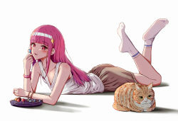 Rule 34 | 1girl, 1other, absurdres, blunt bangs, bracelet, breasts, brown skirt, candy, cat, chinese commentary, collarbone, commentary request, feet, feet up, food, full body, highres, holding, jewelry, legs, lollipop, long hair, looking at viewer, lying, no shoes, on stomach, original, parted lips, pink hair, qiufengxiaose, red eyes, shadow, shiny skin, sidelocks, simple background, skirt, socks, soles, tank top, the pose, toes, white background, white socks, white tank top