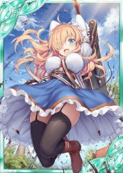 Rule 34 | 1girl, :d, akkijin, belt, blonde hair, blue eyes, boots, breasts, card (medium), day, dress, house, huge weapon, jumping, large breasts, multicolored clothes, multicolored dress, official art, one eye covered, open mouth, outdoors, shinkai no valkyrie, smile, sword, thighhighs, weapon, windmill
