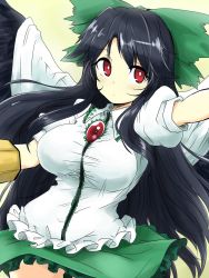 Rule 34 | 1girl, arm cannon, bird wings, black hair, black wings, blouse, bow, breasts, cape, closed mouth, collar, collared shirt, control rod, cowboy shot, efukei, frilled collar, frilled shirt, frilled skirt, frills, green bow, green skirt, hair bow, highres, large breasts, long hair, looking at viewer, puffy short sleeves, puffy sleeves, red eyes, reiuji utsuho, shirt, short sleeves, skirt, solo, third eye, touhou, very long hair, weapon, white shirt, wings