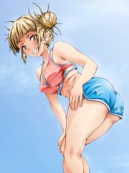 Rule 34 | 1girl, ass, blonde hair, blue shorts, blush, boku no hero academia, bra, breasts, cleavage, dolphin shorts, from below, hair bun, hand on own chest, highres, leaning forward, looking at viewer, pink bra, shorts, single hair bun, smile, solace, solo, sports bra, thighs, toga himiko, track and field, underwear, wet, yellow eyes