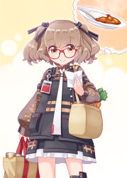 Rule 34 | 1girl, ags-30 (girls&#039; frontline), bag, brown hair, carrot, curry, food, girls&#039; frontline, glasses, hair ornament, highres, holding, holding bag, id card, military, military uniform, paper, plate, rice, simple background, solo, twintails, uniform, vegetable, white background, yellow eyes
