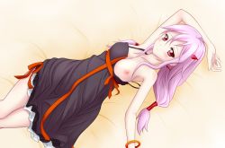 Rule 34 | 10s, 1girl, bare shoulders, blush, breast slip, breasts, cleavage, dress, guilty crown, hair ornament, hairclip, iray, long hair, looking away, lying, nipples, one breast out, pink hair, red eyes, solo, twintails, yuzuriha inori