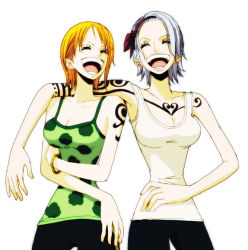 Rule 34 | 2girls, black pants, blue hair, bracelet, breasts, cleavage, east blue, family, female focus, headband, jewelry, laughing, multiple girls, nami (one piece), nojiko, one piece, open mouth, orange hair, pants, shueisha, siblings, sisters, smile, tattoo, white background