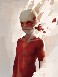 Rule 34 | 1boy, colossal titan, flower, flower in mouth, giant, highres, looking at viewer, male focus, malu, petals, red eyes, shingeki no kyojin, solo, steam, teeth, titan (shingeki no kyojin)