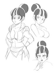 Rule 34 | 1girl, breasts, bulma, character sheet, chi-chi (dragon ball), cleavage, dragon ball, dragonball z, earrings, female focus, fusion, jewelry, monochrome, solo, upper body, white background, wide hips