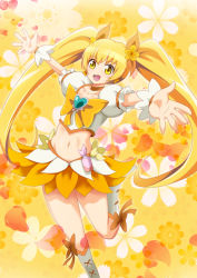 Rule 34 | 10s, 1girl, blonde hair, boots, bow, brooch, cure sunshine, earrings, floral background, hair ribbon, heart, heart brooch, heartcatch precure!, jewelry, knee boots, long hair, magical girl, midriff, myoudouin itsuki, navel, open mouth, orange bow, outstretched arms, precure, ribbon, skirt, smile, solo, third love, twintails, wrist cuffs, yellow background, yellow bow, yellow eyes