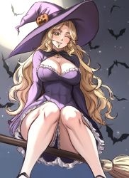Rule 34 | 1girl, abs, bat (animal), black dress, blonde hair, breasts, broom, broom riding, chin piercing, cleavage, cleavage cutout, clothing cutout, collarbone, commentary, covered abs, dress, english commentary, fate/grand order, fate (series), full moon, green eyes, halloween, halloween costume, hat, hat ornament, highres, large breasts, long hair, long sleeves, moon, night, night sky, one eye closed, pumpkin hat ornament, purple dress, purple hat, quetzalcoatl (fate), short dress, sky, solo, tight clothes, tight dress, very long hair, wavy hair, witch, witch hat, zantyarz